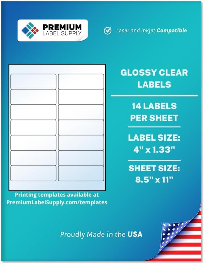 Premium Label Supply Glossy Clear Mailing Labels – 4' x 1.33' – Laser/Inkjet Compatible – (14 per Sheet), 1000 Sheets – 14,000 Total Adhesive Labels