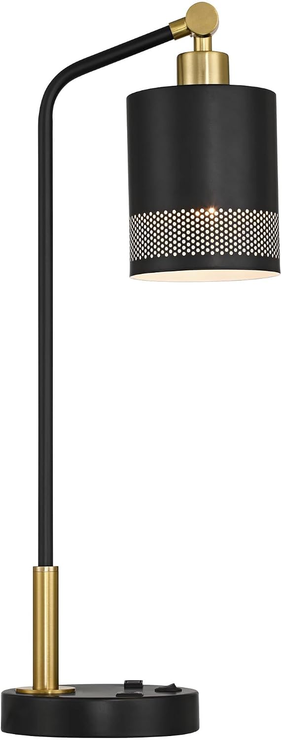 Possini Euro Design Keller 24' High Small Modern Desk Lamp USB Port AC Power Outlet Black Gold Brass Finish Metal Single Shade Home Office Living Room Charging Bedroom Bedside Nightstand House