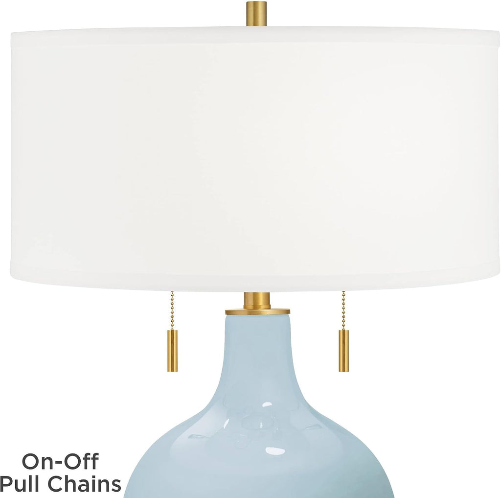 Color + Plus Toby 28' Tall Modern Glass Table Lamp Pull Chain Vast Sky Blue Gold Brass Finish Single Fabric White Shade Living Room Bedroom Bedside Nightstand House Office Family Reading Kitchen
