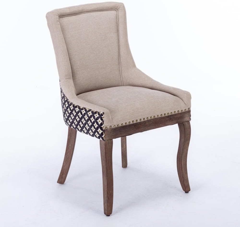 Dining Chairs Set of 2, Thickened Fabric Upholstered Chair with Neutral Solid Wood Legs & Bronze Nailhead Trim, Comfortable Accent Chairs for Dining Room/Kitchen/Living Space(Beige+Patterned + Fabric)
