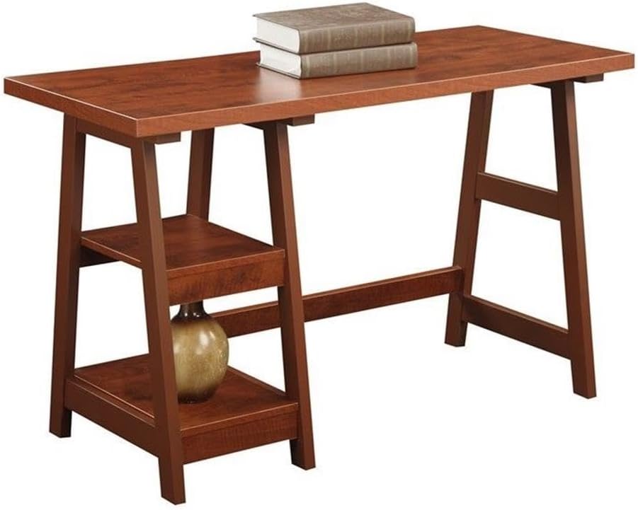 Convenience Concepts Designs2Go Trestle Desk 47' - Modern Desk or Vanity with Shelves, for Office, Dorm, Living Room, Cherry