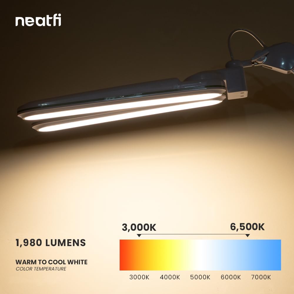 Neatfi Elite HD XL LED Desk Lamp | 3 Light Modes | Non-Polar Dimming | Eye-Caring Desk Light for Home Office, Drafting, Beauty Shop, Workbench (Blue Ring, CCT with Clamp)