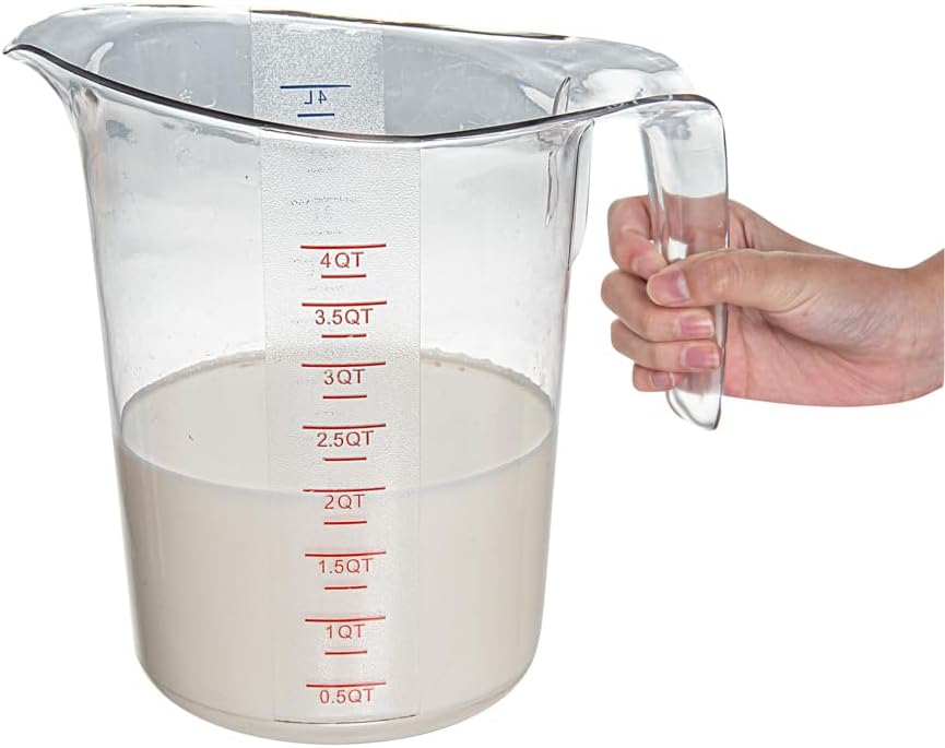 Restaurantware RW Base 4 Quart Measuring Jars 10 Durable Measuring Beakers - Metric And Imperial Units V-Shaped Spout Clear Plastic Measuring Cups Handle With Thumb-Grip Tolerates Up To 248F