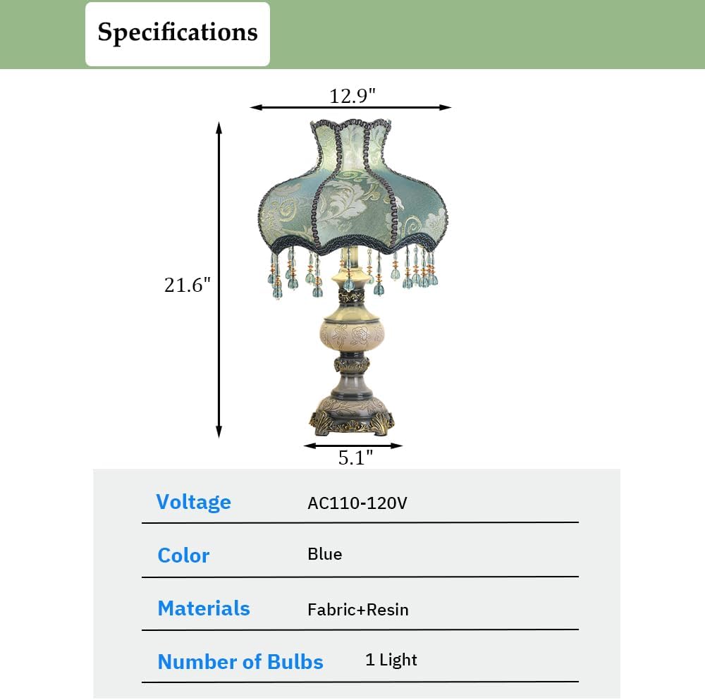 Victorian Style Blue Table Lamp, Flower Decorative Bedside Desk Lamp with Bead Curtain, Resin Base, Elegant Night Light for Bedroom Nightstand