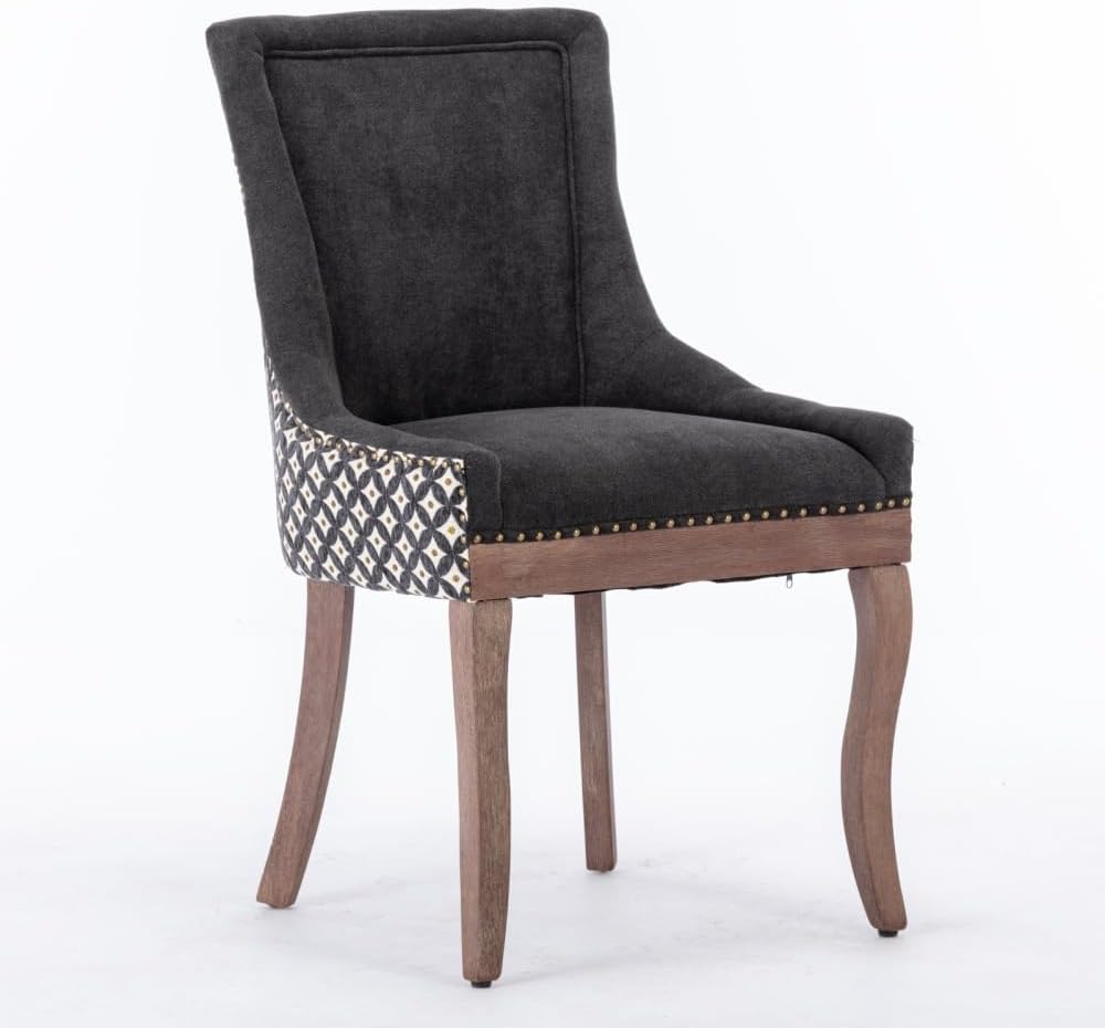 Dining Chairs Set of 2, Thickened Fabric Upholstered Chair with Neutral Solid Wood Legs & Bronze Nailhead Trim, Comfortable Accent Chairs for Dining Room/Kitchen/Living Space(Black+ Patterned+ Fabric)