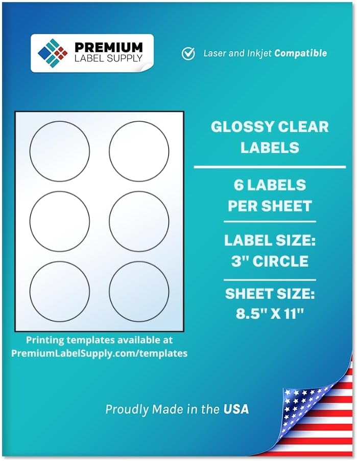 Premium Label Supply Glossy Clear Sticker Round Labels – 3' Circle – Laser/Inkjet Compatible – (6 per Sheet), 500 Sheets – 3,000 Total Adhesive Labels