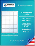 Premium Label Supply Glossy Clear Sticker Square Labels – 2' x 2' – Laser/Inkjet Compatible – (20 per Sheet), 1000 Sheets – 20,000 Total Adhesive Labels