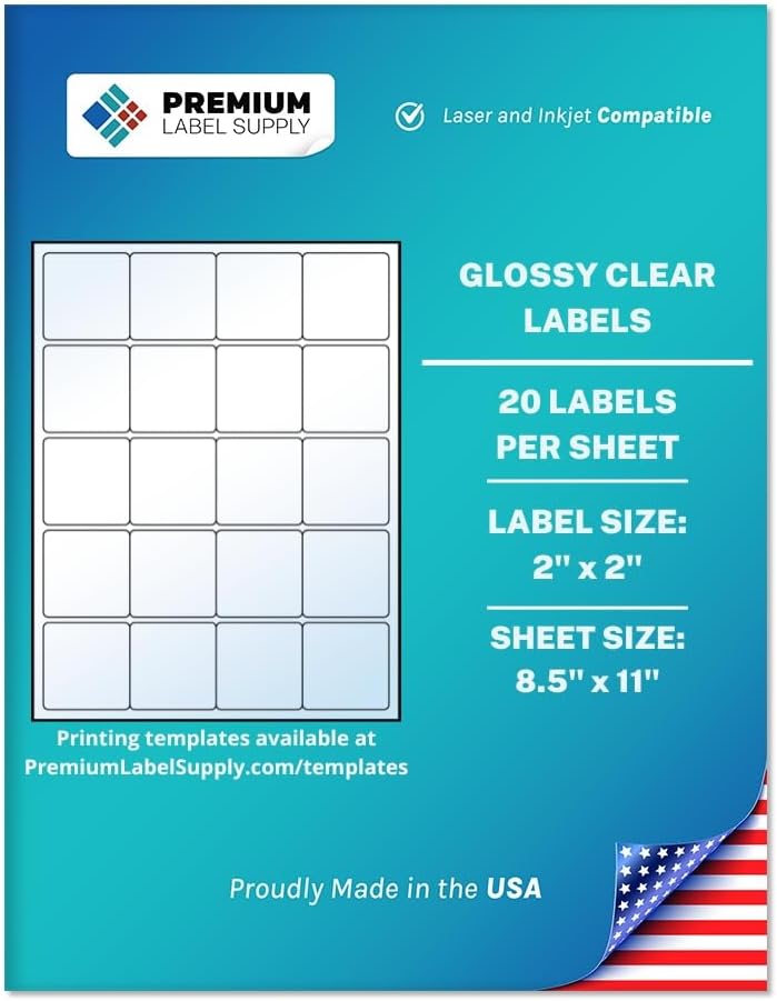 Premium Label Supply Glossy Clear Sticker Square Labels – 2' x 2' – Laser/Inkjet Compatible – (20 per Sheet), 1000 Sheets – 20,000 Total Adhesive Labels