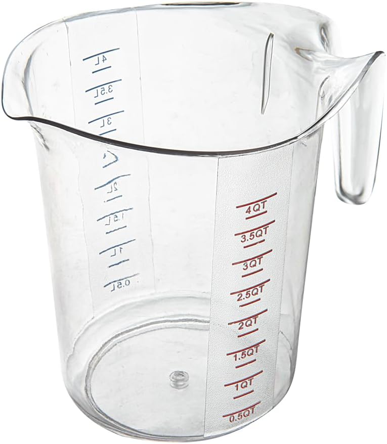 Restaurantware RW Base 4 Quart Measuring Jars 10 Durable Measuring Beakers - Metric And Imperial Units V-Shaped Spout Clear Plastic Measuring Cups Handle With Thumb-Grip Tolerates Up To 248F