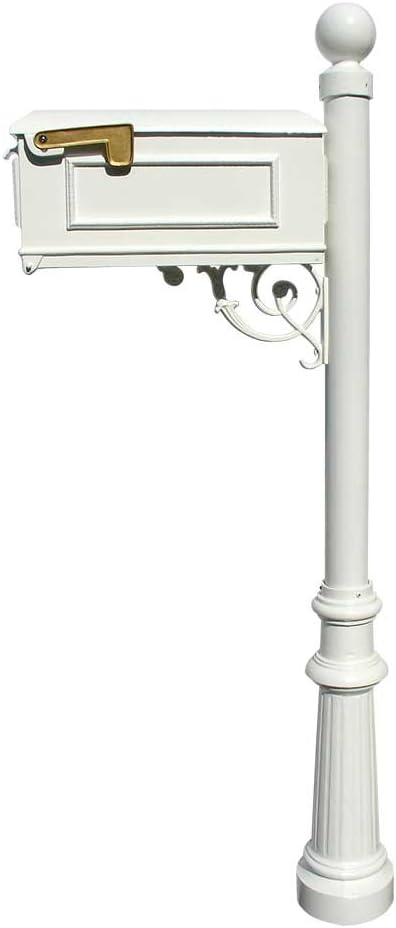 Lewiston Cast Aluminum Post Mount Mailbox System with Post, Aluminum Mailbox, Fluted Base and Ball Finial, White, Ships in 2 boxes