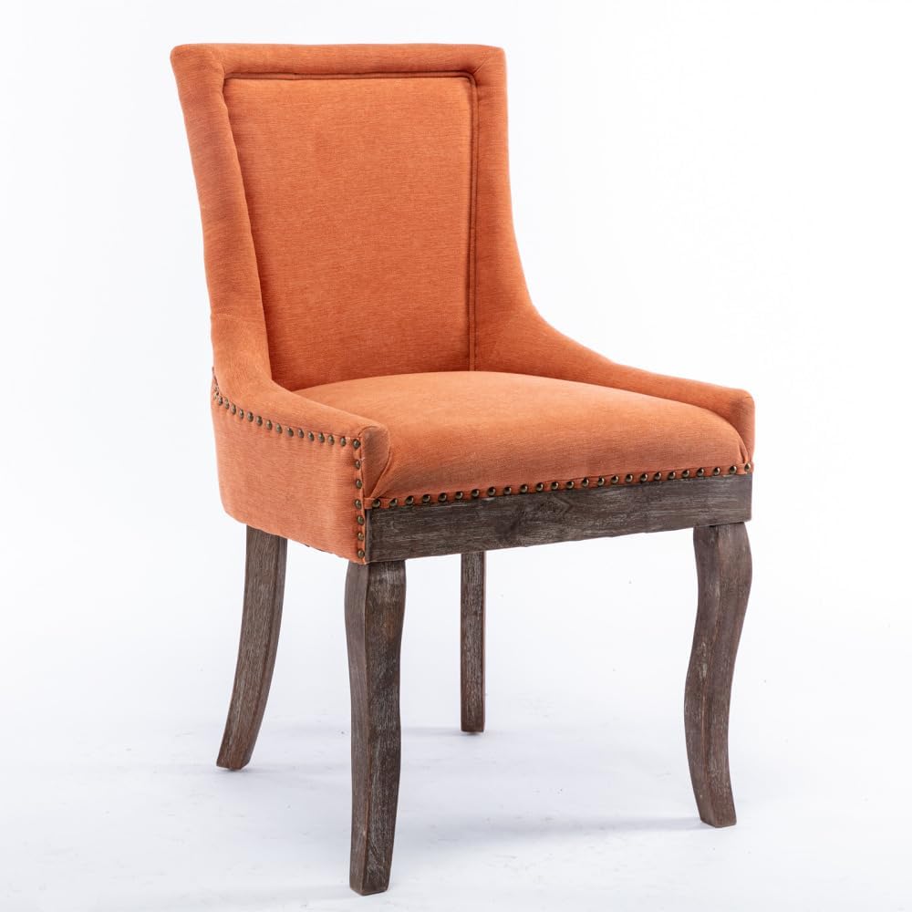 Dining Chairs Set of 2, Thickened Fabric Upholstered Chair with Neutral Solid Wood Legs & Bronze Nailhead Trim, Comfortable Accent Chairs for Dining Room/Kitchen/Living Space(Orange + Fabric)
