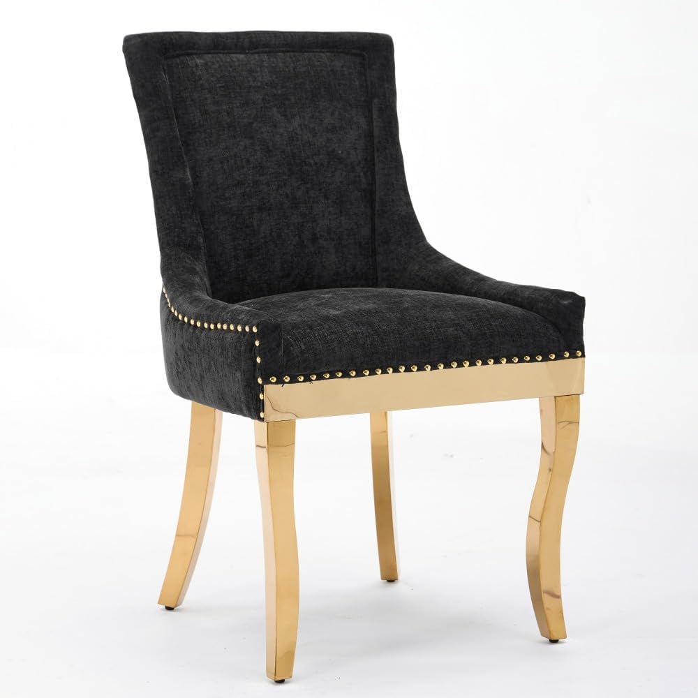 Chenille Dining Chairs Set of 2, Modern Upholstered Accent Chairs with Curved Gold-Plated Legs & Rivet Trim, Textured Fabric, One-Piece Structure for Dining/Lounge(Black + Chenille)