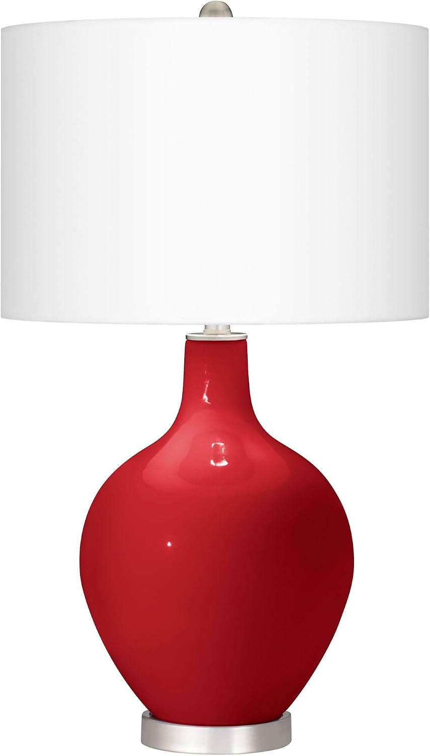 Color + Plus Modern Table Lamp 28.5' Tall Ribbon Red Glass OVO White Linen Drum Shade for Living Room Family Bedroom Bedside Nightstand Office