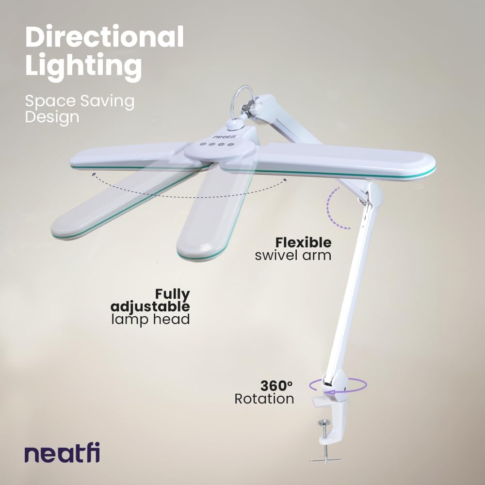 Neatfi Elite HD XL LED Desk Lamp | 3 Light Modes | Non-Polar Dimming | Eye-Caring Desk Light for Home Office, Drafting, Beauty Shop, Workbench (Blue Ring, CCT with Clamp)
