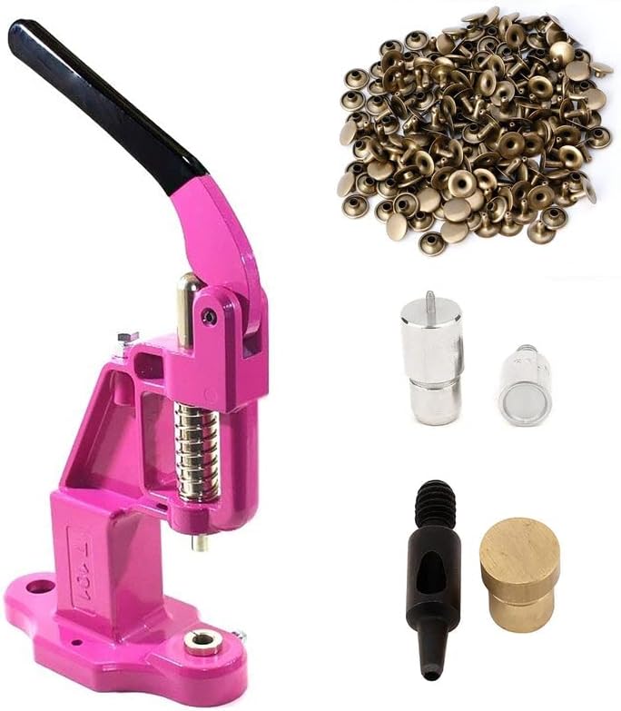 9mm Rivets Kit (1000 Sets) with Hand Press Machine, Dies and Hole Punch. Leather Rivets Single Round Cap Metal Stud Fasteners for Bag Belt Wallet Jeans (Pink Press & Bronze Rivets)