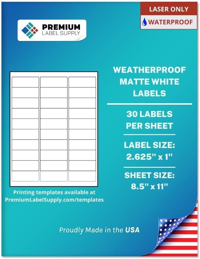 Premium Label Supply Waterproof White Address Sticker Labels – 2.625' x 1' – Laser Printers Only – (30 per Sheet), 500 Sheets - 15,000 Total Adhesive Labels