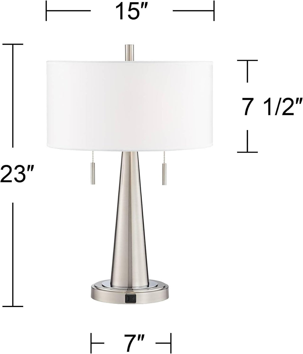 Possini Euro Design Vicki Modern Accent Table Lamps 23' High Set of 2 with USB Charging Port Brushed Nickel Blue Faux Silk Drum Shade for Living Room Desk Bedroom House Bedside Nightstand Home