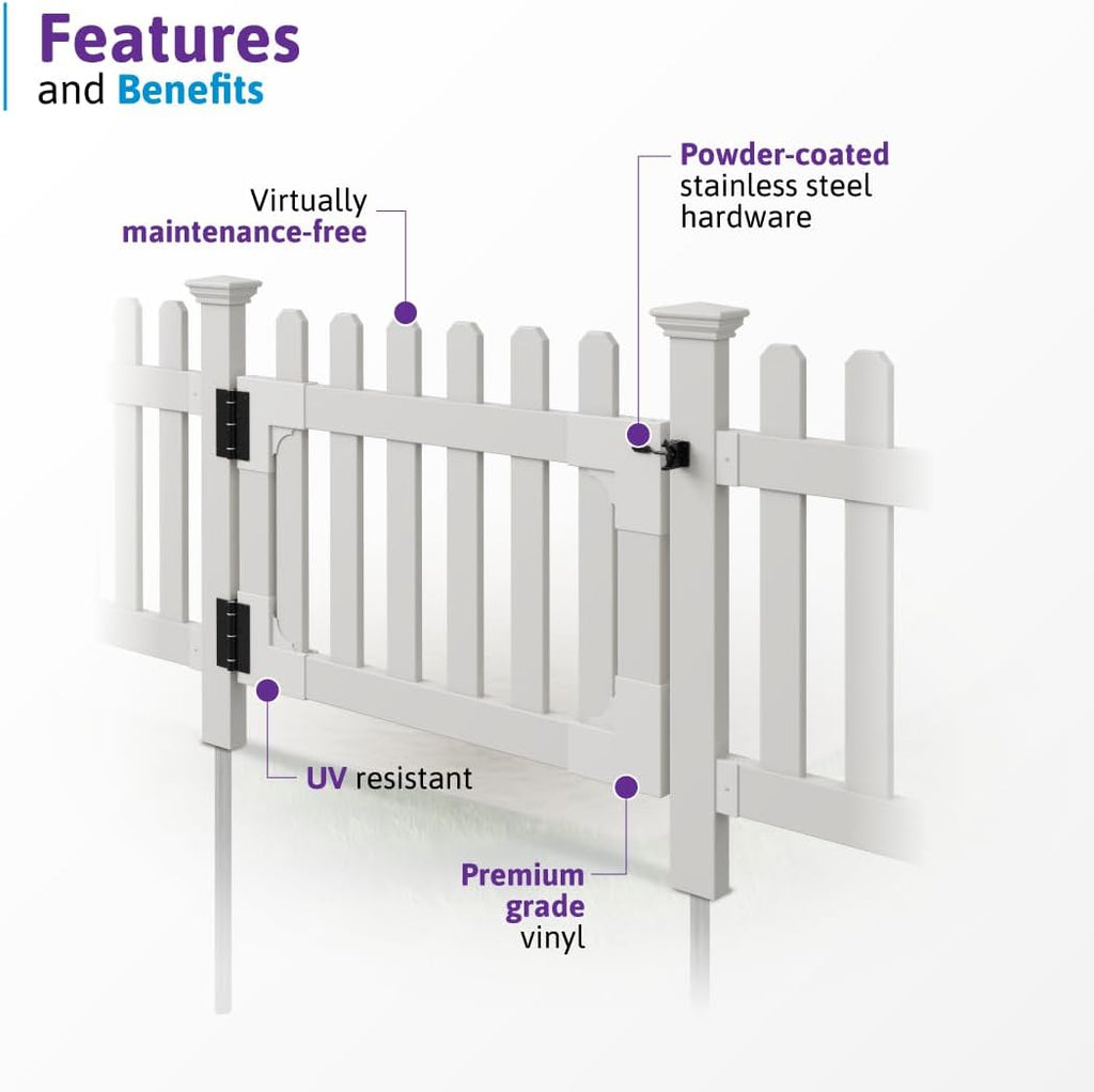 33.5in H x 42in W (1 Gate) No Dig WamBam Newport Gate Kit, White Vinyl Picket Fence Entry Kit for Newport Panels, Access Door for Backyard, Patio, Outdoor, or Garden Barrier, ZP19004