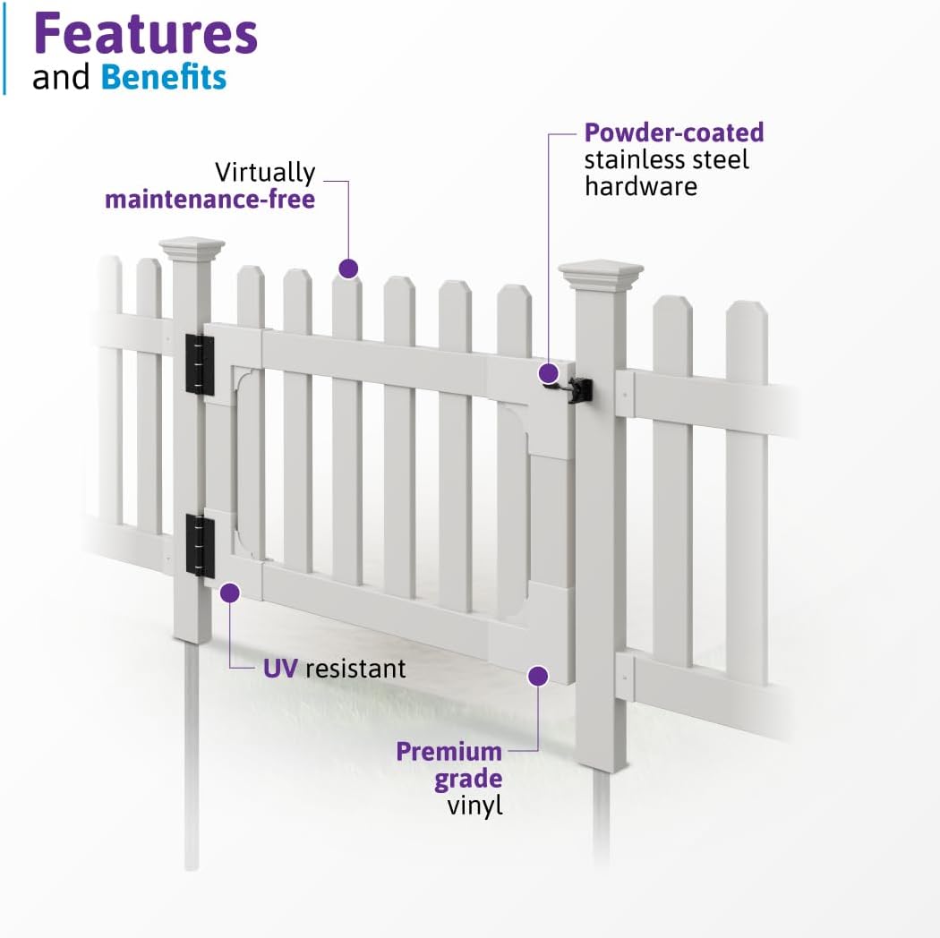 33.5in H x 42in W (1 Gate) No Dig WamBam Newport Gate Kit, White Vinyl Picket Fence Entry Kit for Newport Panels, Access Door for Backyard, Patio, Outdoor, or Garden Barrier, ZP19004