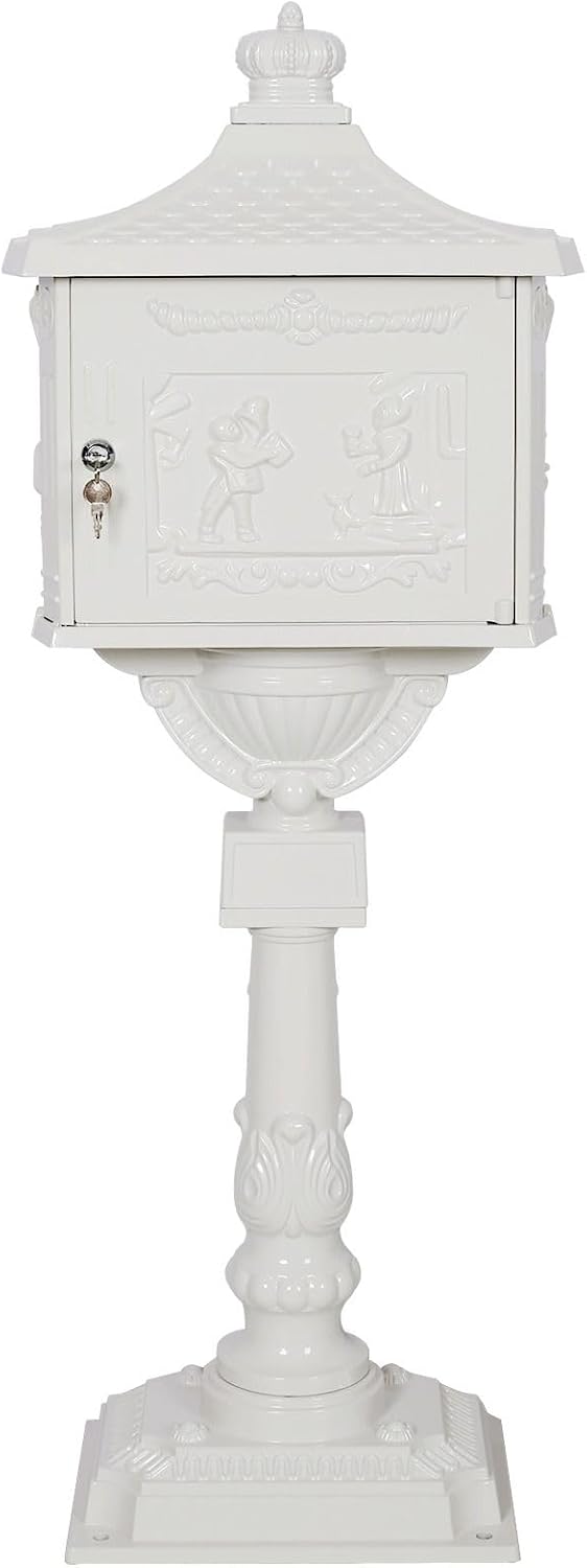 Cast Aluminum Post Mount Mailbox, Heavy Duty Courtyard Villa Decoration Vertical Security Postal Mailbox, White