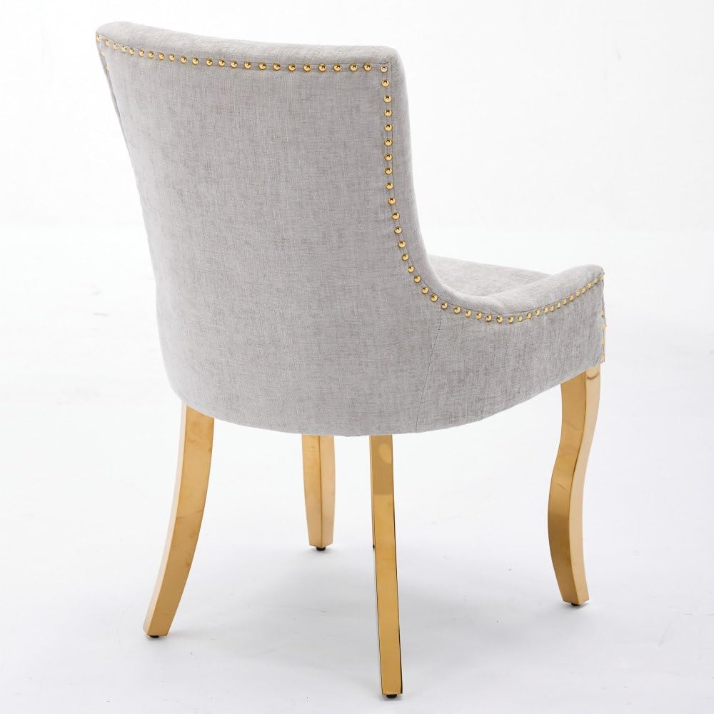 Chenille Dining Chairs Set of 2, Modern Upholstered Accent Chairs with Curved Gold-Plated Legs & Rivet Trim, Textured Fabric, One-Piece Structure for Dining/Lounge(Beige + Chenille)