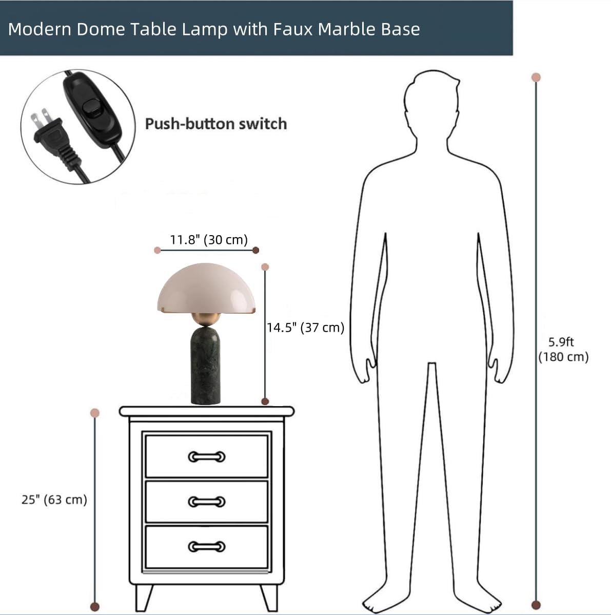 Modern Dome Shaped Table Lamp Mid-Century Accent Lamp Green Marble Desk Lamp Contemporary Living Room Side Lamps Bedroom Bedside Nightstand Light with Frosted Glass Shade