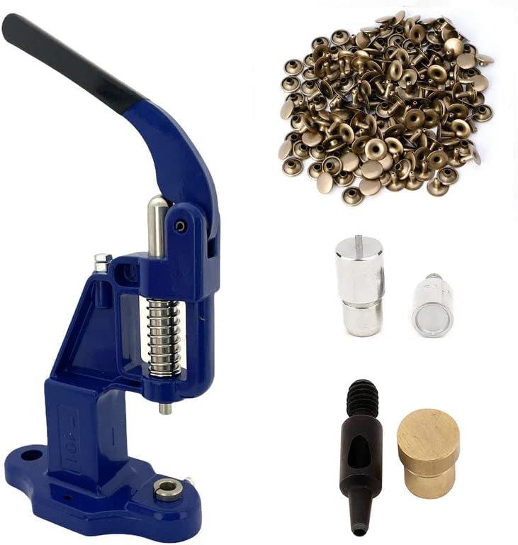 9mm Rivets Kit (1000 Sets) with Hand Press Machine, Dies and Hole Punch. Leather Rivets Single Round Cap Metal Stud Fasteners for Bag Belt Wallet Jeans (Navy Press & Bronze Rivets)