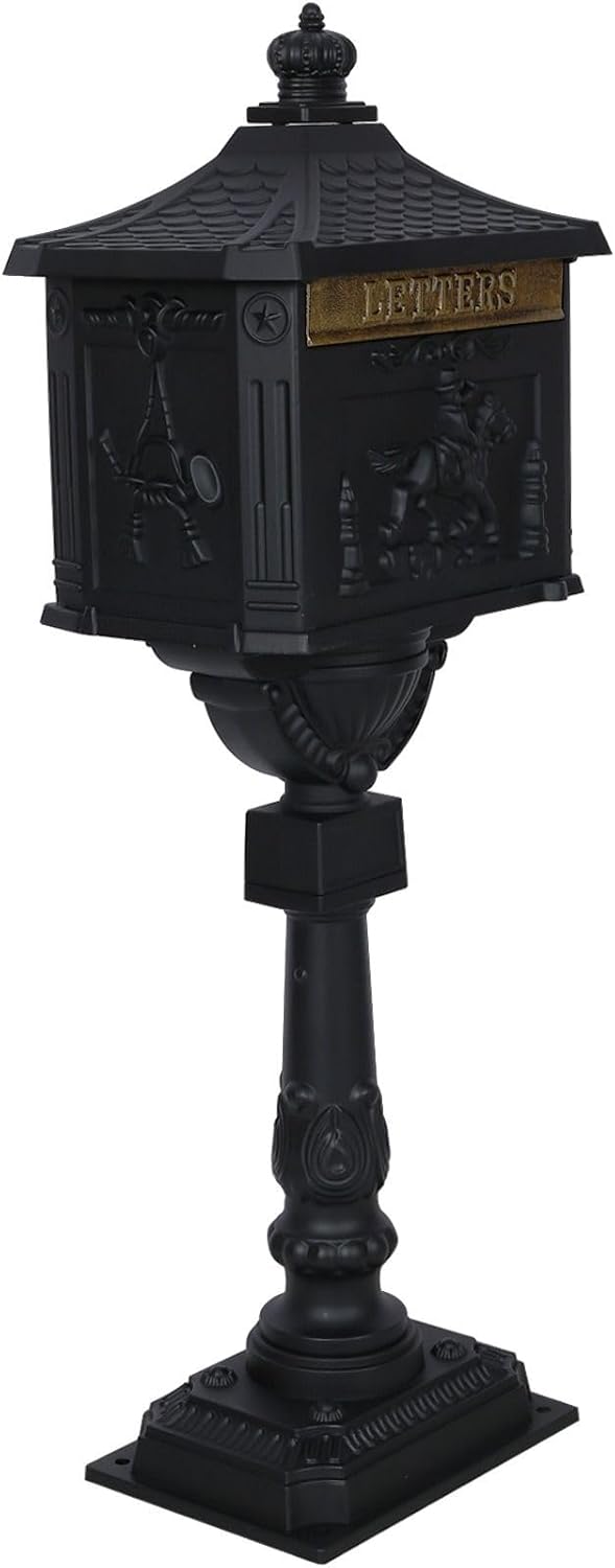 Cast Aluminum Post Mount Mailbox, Heavy Duty Courtyard Villa Decoration Vertical Security Postal Mailbox, Black