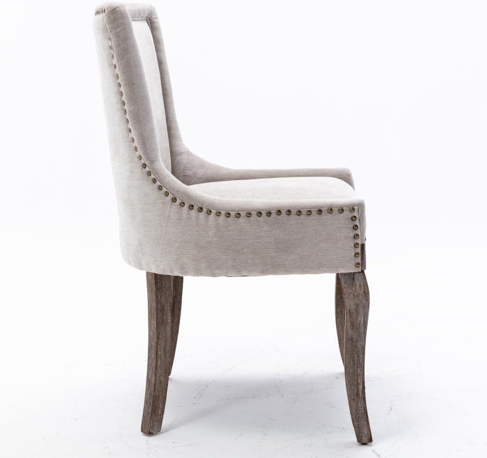 Dining Chairs Set of 2, Thickened Fabric Upholstered Chair with Neutral Solid Wood Legs & Bronze Nailhead Trim, Comfortable Accent Chairs for Dining Room/Kitchen/Living Space(Beige + Fabric)