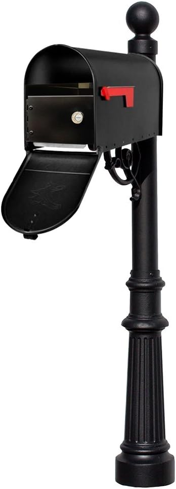 LMPST-E1-LKIT-804-BLK Lewiston Rust Free Cast Aluminum Locking Mailbox System with Economy Mailbox, Post, Decorative Ball Finial & Fluted Base, Black