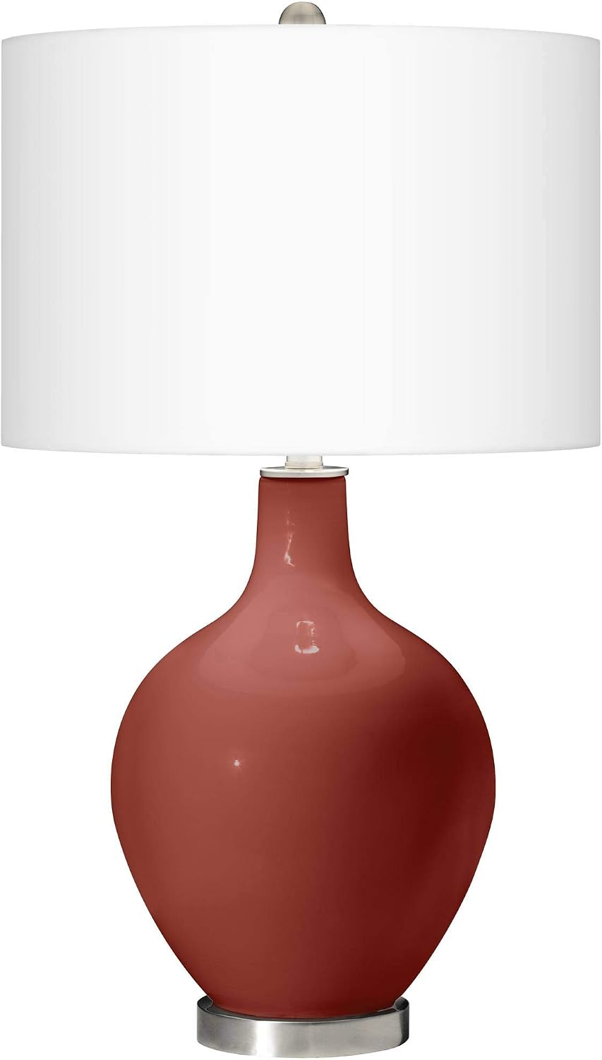Color + Plus OVO 28 1/2' Tall Modern End Table Lamp Madeira Red Brushed Nickel Finish Glass Single Linen White Shade Living Room Bedroom Bedside Nightstand House Office Home Reading Kitchen