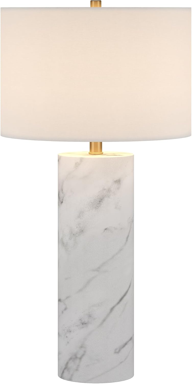 Henn&Hart 29.5' Glam 1-Light Table Lamp with White Fabric Drum Shade for Living Room, Bedroom, or Office, Carrara/Gold