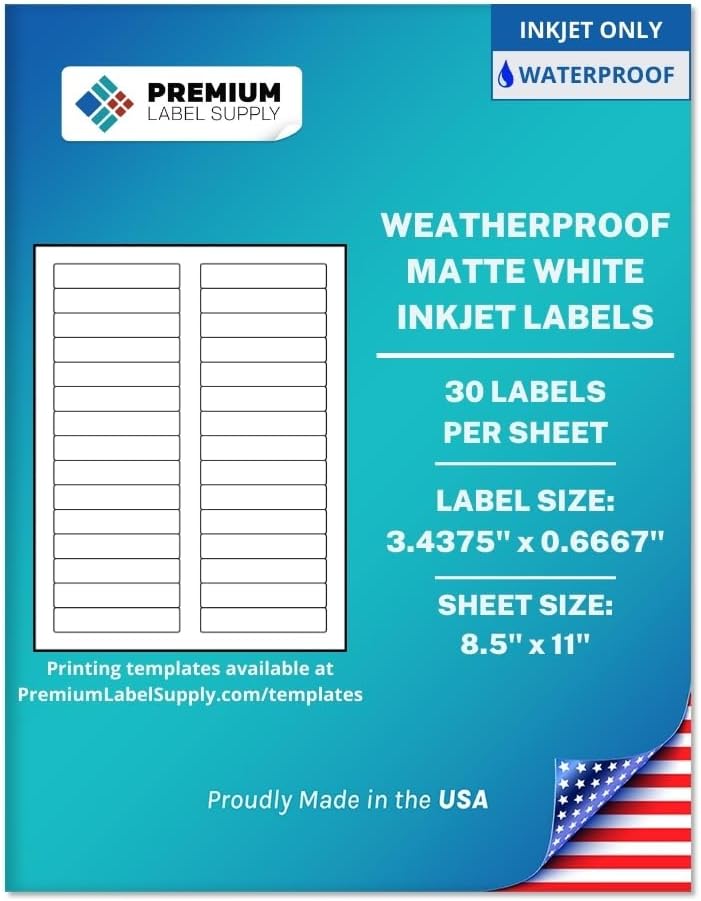Premium Label Supply Waterproof Matte White File Folder Labels – 3.4375' x 0.667' – Inkjet Printers Only – (30 per Sheet), 1000 Sheets - 30,000 Total Adhesive Labels