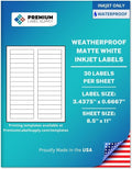 Premium Label Supply Waterproof Matte White File Folder Labels – 3.4375' x 0.667' – Inkjet Printers Only – (30 per Sheet), 1000 Sheets - 30,000 Total Adhesive Labels