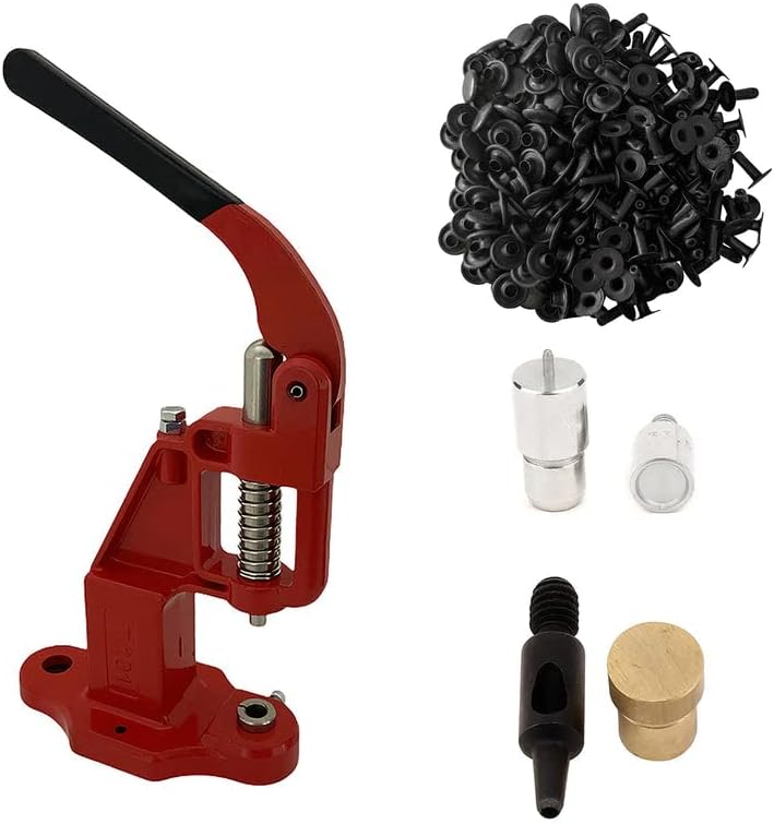 9mm Rivets Kit (1000 Sets) with Hand Press Machine, Dies and Hole Punch. Leather Rivets Single Round Cap Metal Stud Fasteners for Bag Belt Wallet Jeans(Red Press & Black Rivets)