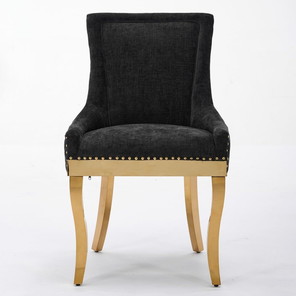 Chenille Dining Chairs Set of 2, Modern Upholstered Accent Chairs with Curved Gold-Plated Legs & Rivet Trim, Textured Fabric, One-Piece Structure for Dining/Lounge(Black + Chenille)