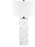 Henn&Hart 29.5' Glam 1-Light Table Lamp with White Fabric Drum Shade for Living Room, Bedroom, or Office, Carrara/Ebony