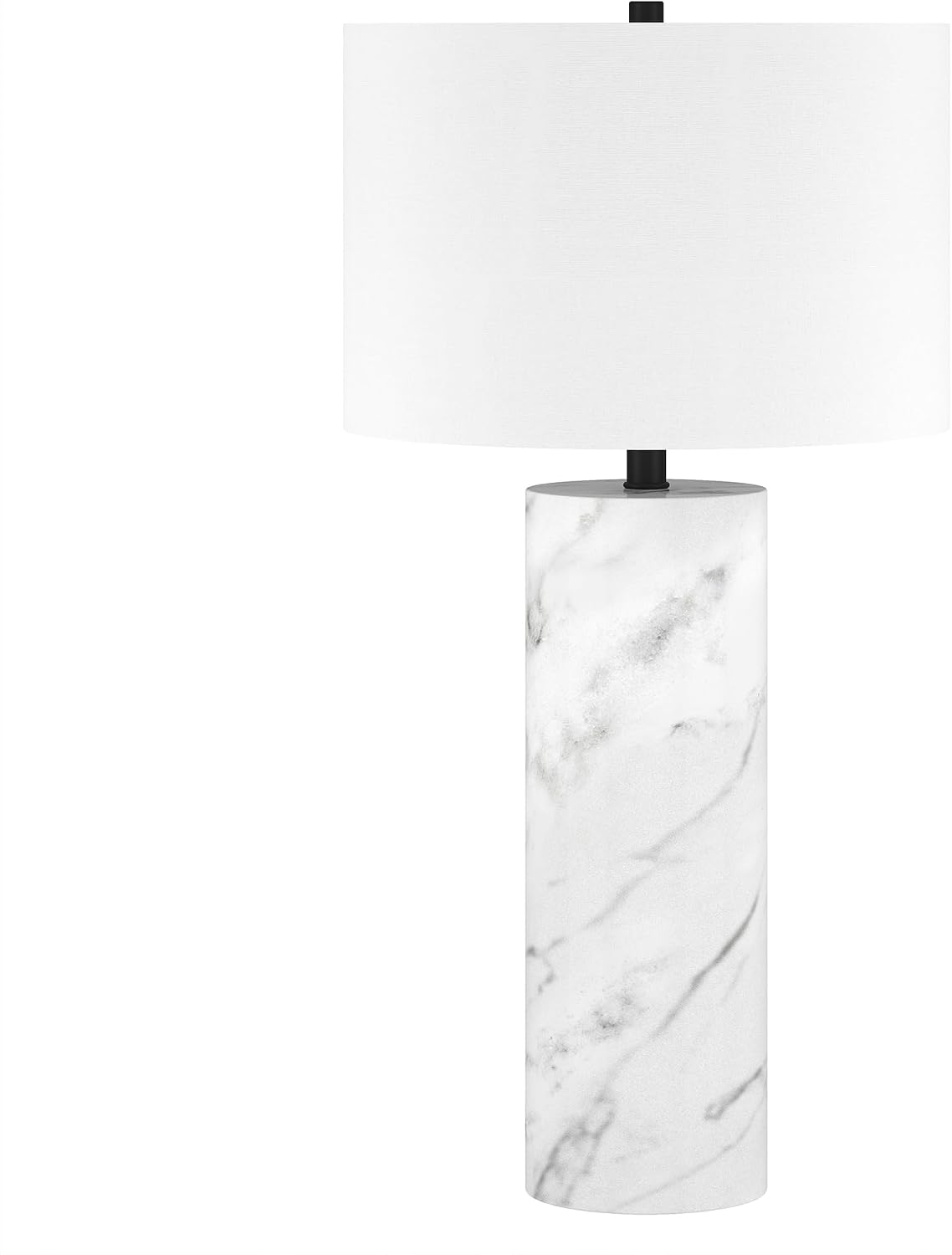 Henn&Hart 29.5' Glam 1-Light Table Lamp with White Fabric Drum Shade for Living Room, Bedroom, or Office, Carrara/Ebony