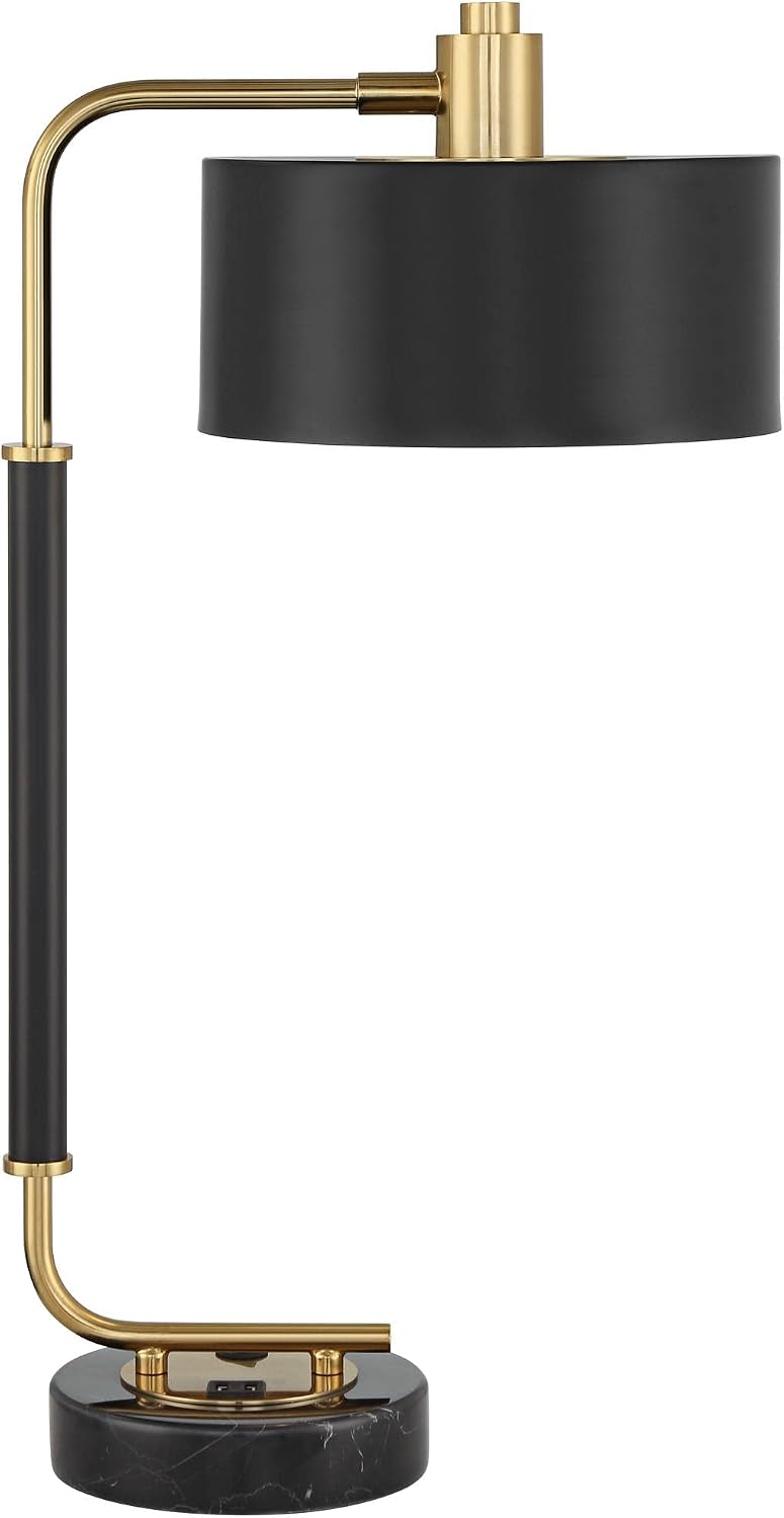 Possini Euro Design Myles 24' High Mid Century Modern Desk Lamp with USB Charging Ports A+C Black Gold Metal Drum Shade Decor for Bedroom Living Room Bedside Nightstand House Home Office