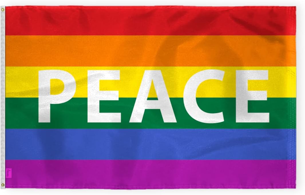 AGAS Large Peace Rainbow Pride Flag 6x10 Ft - Printed 200D Nylon - Brass Grommets Stitched Edges - Peace Pride Banner for Indoor/Outdoor