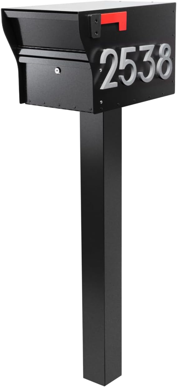 Whitehall MailVault Streetside Locking Mailbox with Standard Post and Personalizable Stand-Off Numbers – Steel, Secure Weather Resistant Modern Square Mailbox & Post (Black/Silver)