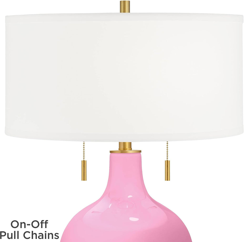 Color + Plus Toby 28' Tall Modern Glass Table Lamp Pull Chain Candy Pink Gold Brass Finish Single Fabric White Shade Living Room Bedroom Bedside Nightstand House Office Family Reading Kitchen