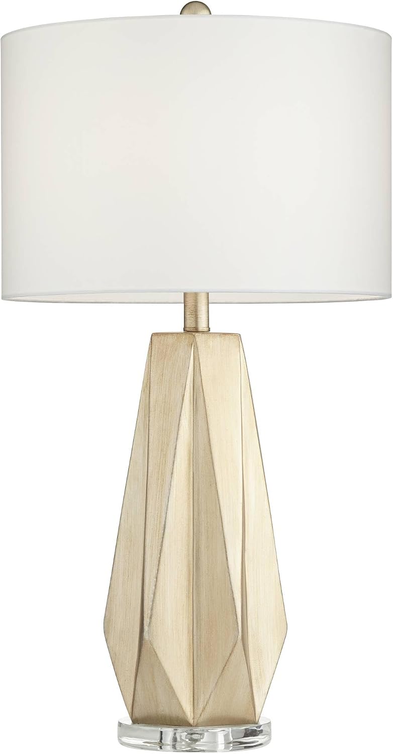 Possini Euro Design Bravo Modern Table Lamp 28' Tall Champagne Gold Diamond Geometric Cut White Drum Shade Decor for Bedroom Living Room House Home Bedside Nightstand Office Entryway Kids Family
