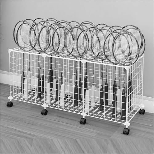 Large Capacity Sports Badminton Racket Holder Cart - Tennis Racket Storage Rack & Display Stand for School Playground, Training Equipment Organizer (White)