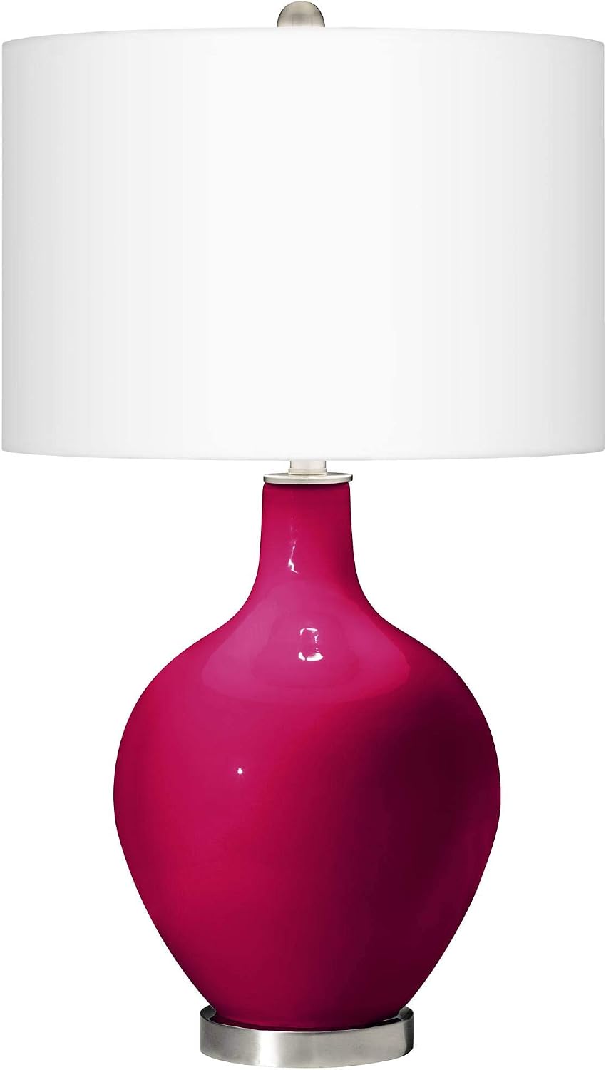 Color + Plus OVO 28 1/2' Tall Modern End Table Lamp French Burgundy Red Brushed Nickel Finish Glass Single Linen White Shade Living Room Bedroom Bedside Nightstand House Office Home Reading