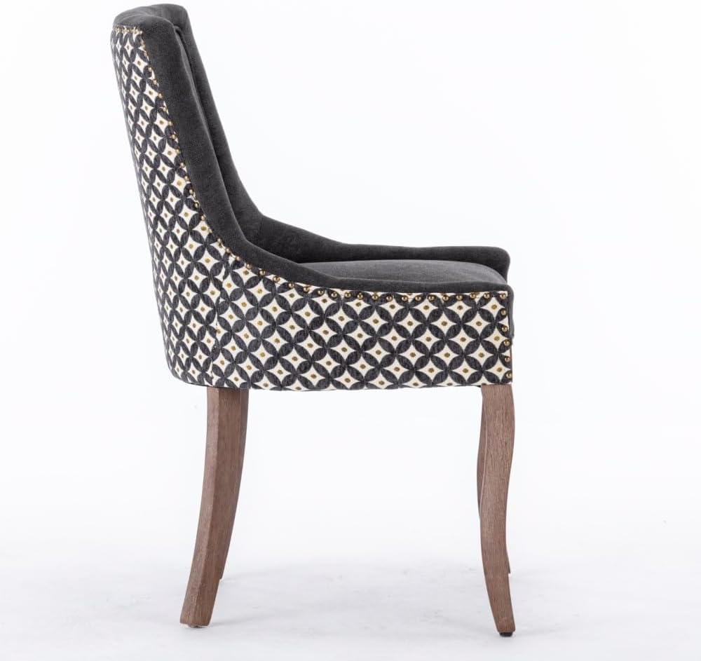 Dining Chairs Set of 2, Thickened Fabric Upholstered Chair with Neutral Solid Wood Legs & Bronze Nailhead Trim, Comfortable Accent Chairs for Dining Room/Kitchen/Living Space(Black+ Patterned+ Fabric)