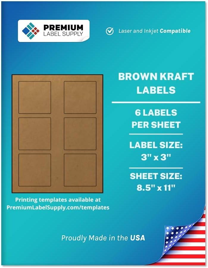 Premium Label Supply Brown Kraft Sticker Square Labels – 3' x 3' – Laser/Inkjet Compatible – (6 per Sheet), 1000 Sheets – 6,000 Total Adhesive Labels