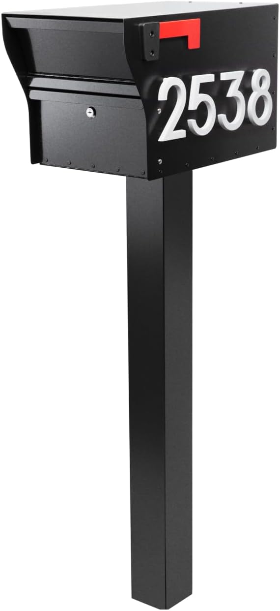 Whitehall MailVault Streetside Locking Mailbox with Standard Post and Personalizable Stand-Off Numbers – Steel, Secure Weather Resistant Modern Square Mailbox & Post (Black/White)