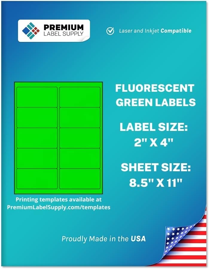 Premium Label Supply Bright Neon Color Fluorescent Stickers - 2' x 4' Labels - (Green Fluorescent, 5000 Labels)
