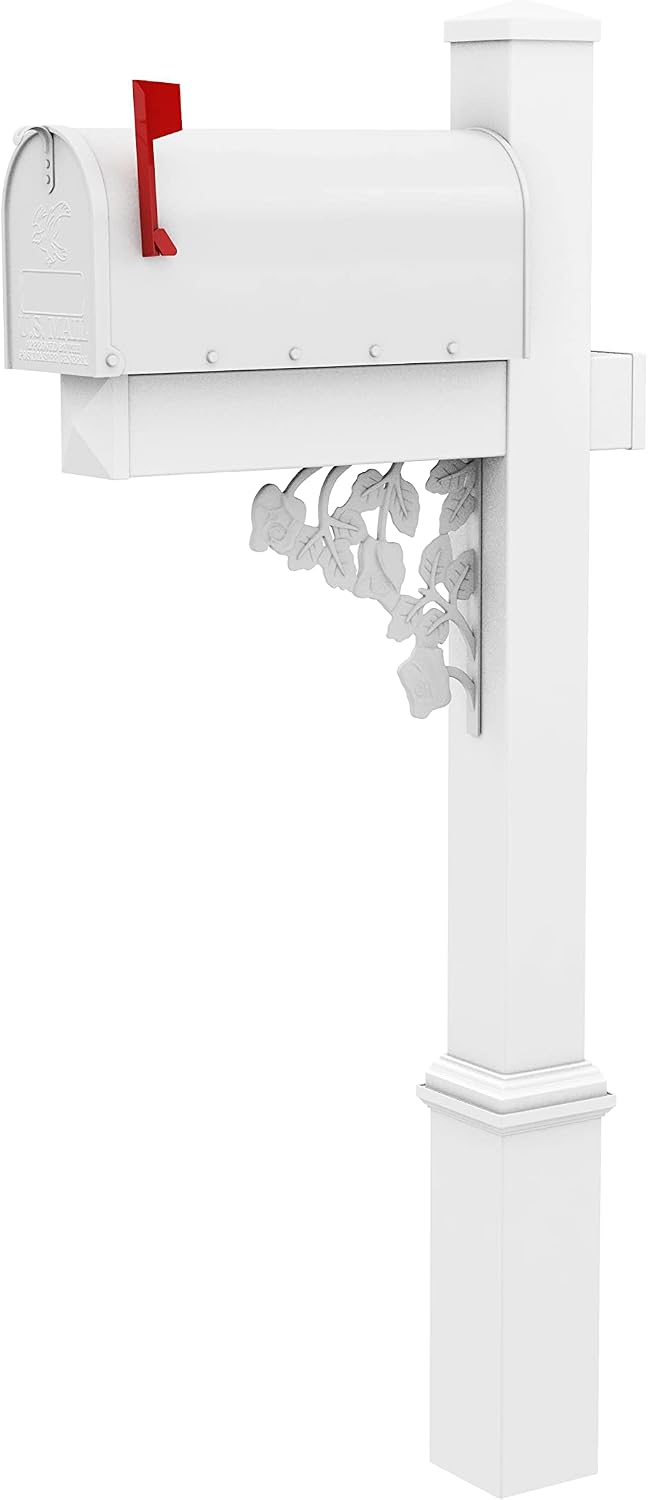 4Ever Products The Coolidge Vinyl/PVC Mailbox Post (Includes Mailbox) Complete Decorative Curbside Mailbox System with Classic Traditional Style (White Mailbox)